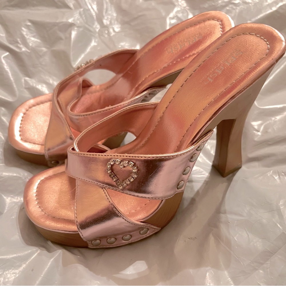 Elegant Splash Rose Gold Pink High Heels Rhinestone Heart Y2K Style 💖 Size 6 1/2